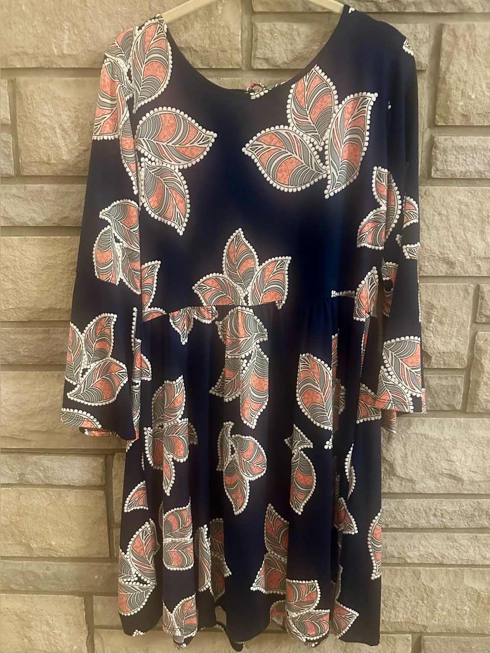 MOA USA Navy Floral Print Long Sleeve Swing Dress with Coral Accents
